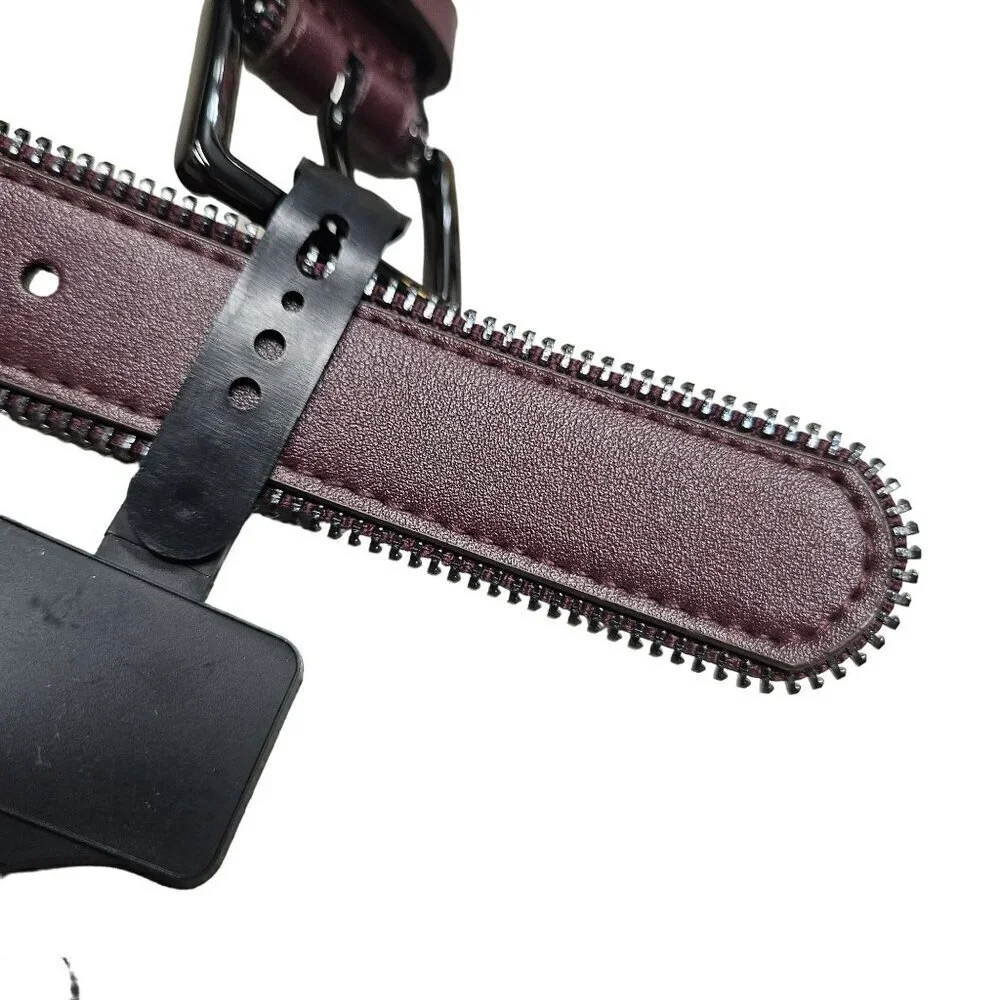 Brand Unknown NWT Burgundy Synthetic Leather Belt‎ Unique Zipper Edge Cyberpunk